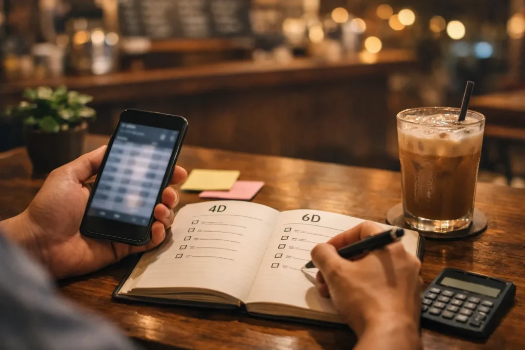 Suasana café malam dengan catatan kombinasi 4D dan 6D di notebook serta ponsel berisi tampilan data yang blur